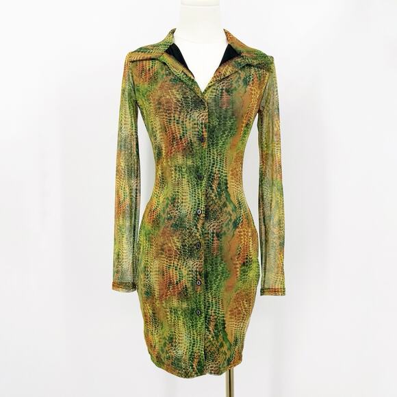 Pretty Little Thing Snake Print Mesh Bodycon Mini Dress 2 Button Front Clubcore - Picture 1 of 5